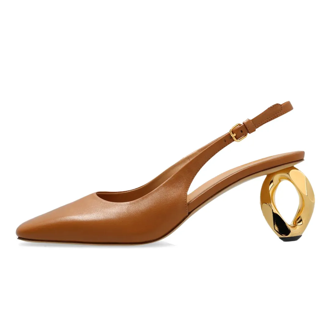 YDN Tan Square Toe Decorative Heel Classic Slingback Shoes
