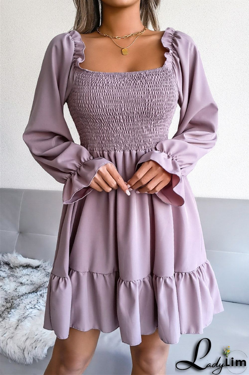 Burgundy Fashion Casual Solid Patchwork Square Collar Long Sleeve Dresses
