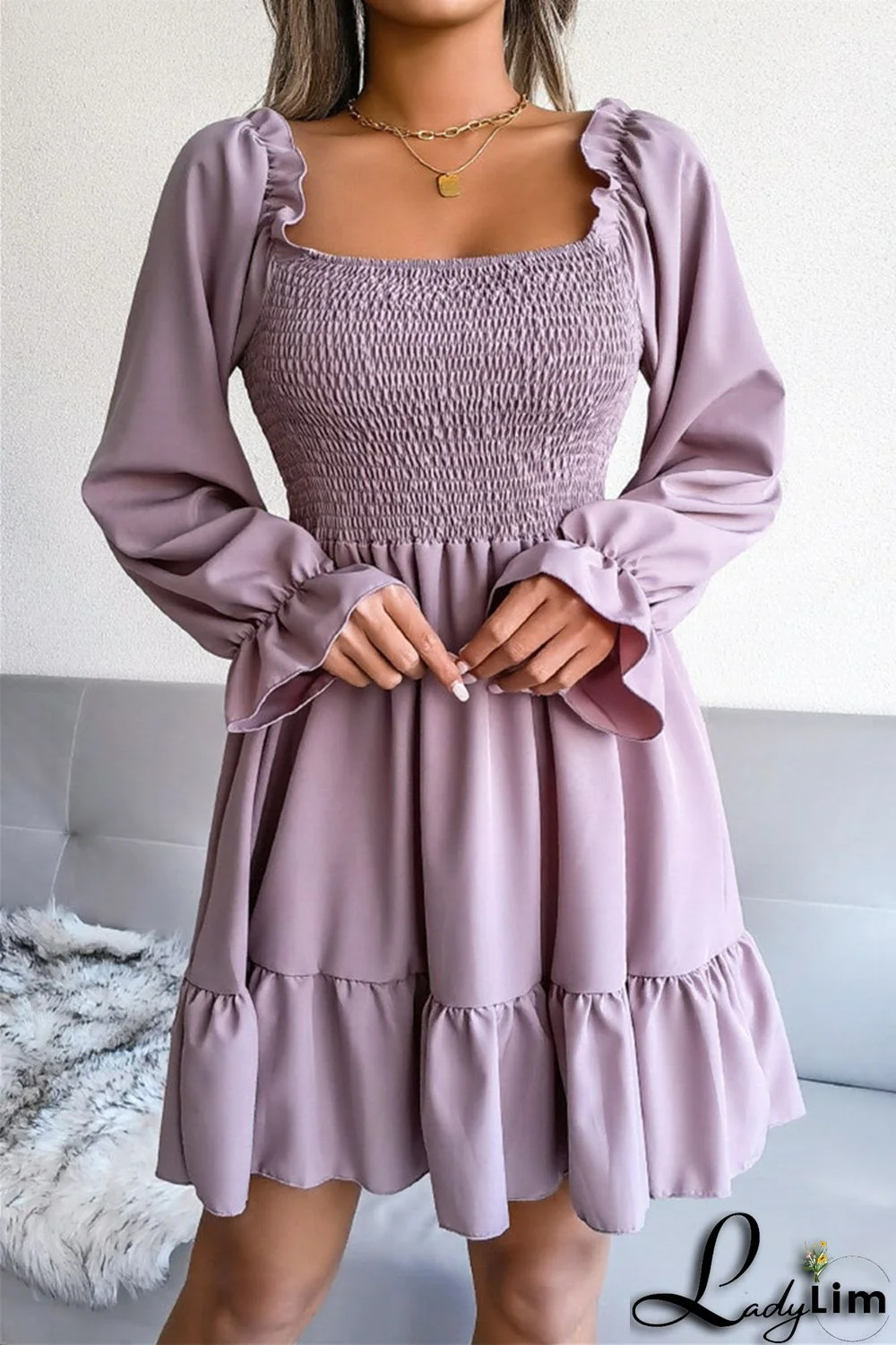 Burgundy Fashion Casual Solid Patchwork Square Collar Long Sleeve Dresses