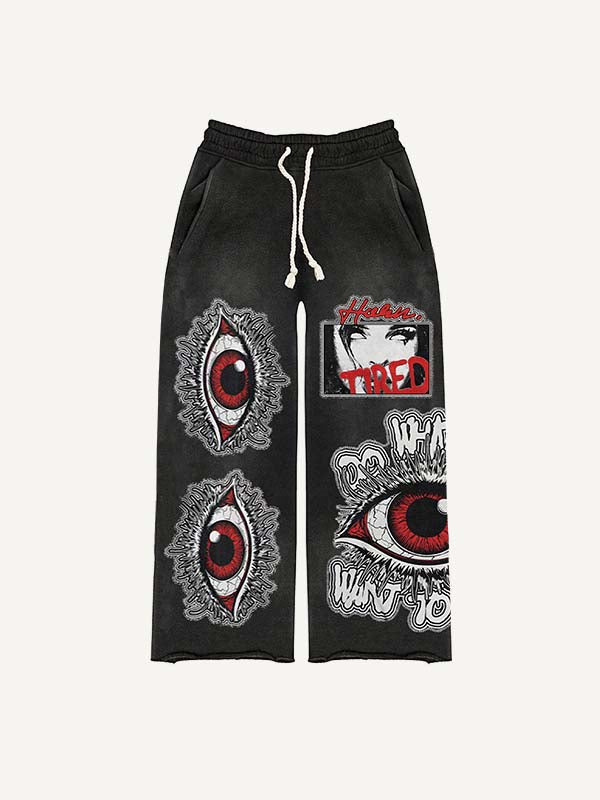 Figure&Eye&Letter Faux Decal Print Elastic Waist Pants