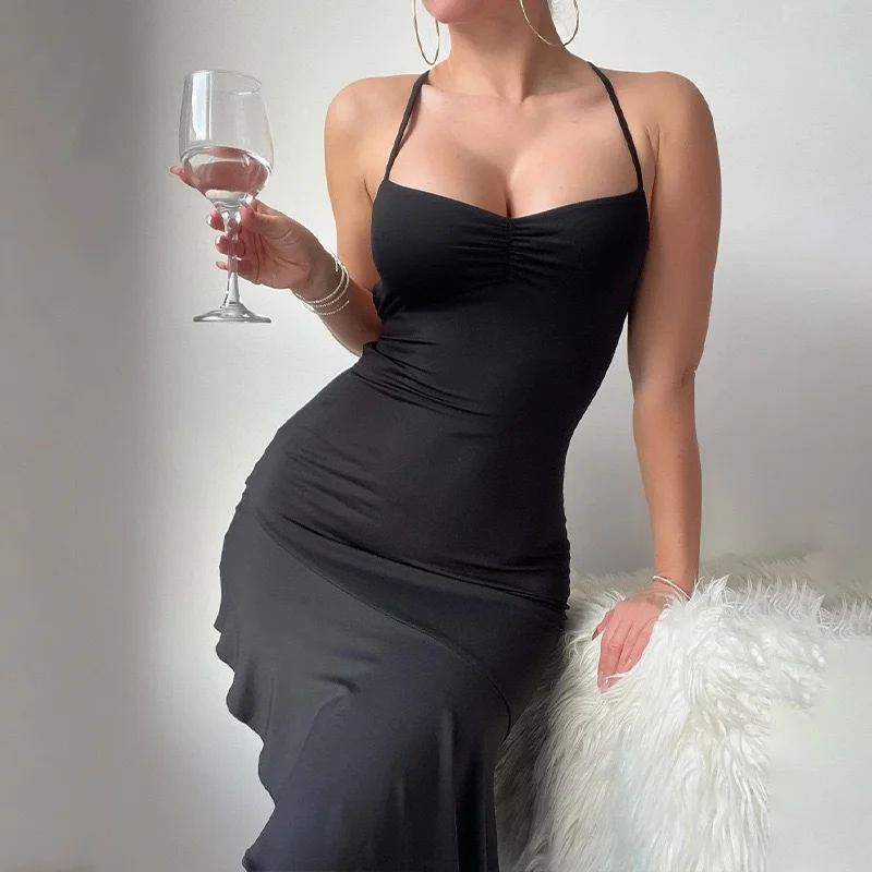 Uveng Uveng Summer New Temperament Hanging Neck Back Tie Slim Empty Lotus Leaf Skirt Dress Female