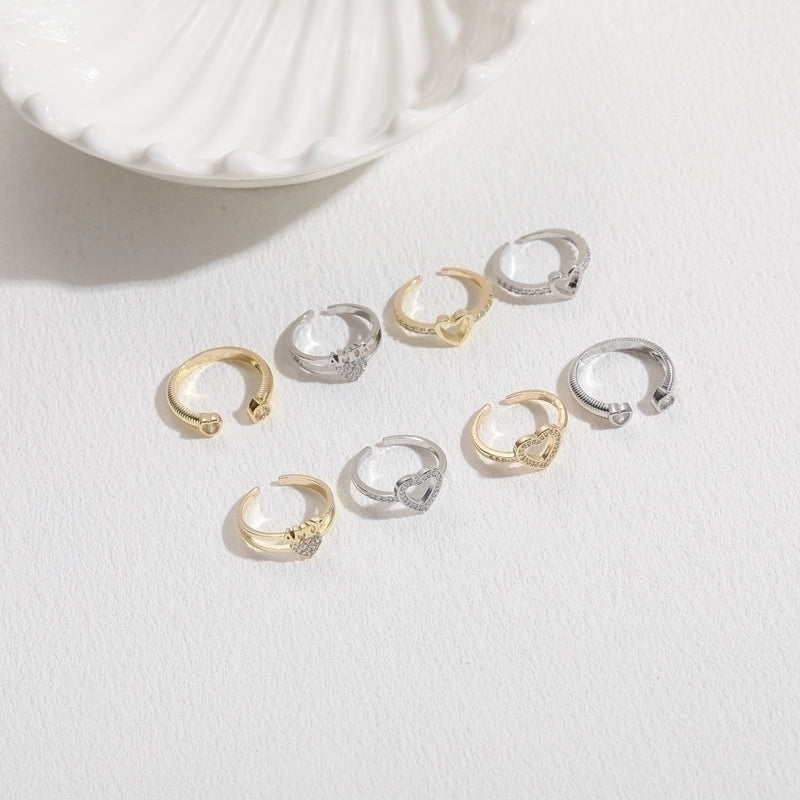 Glam Letter Heart Shape Copper Inlay Zircon 14k Gold Plated Open Ring