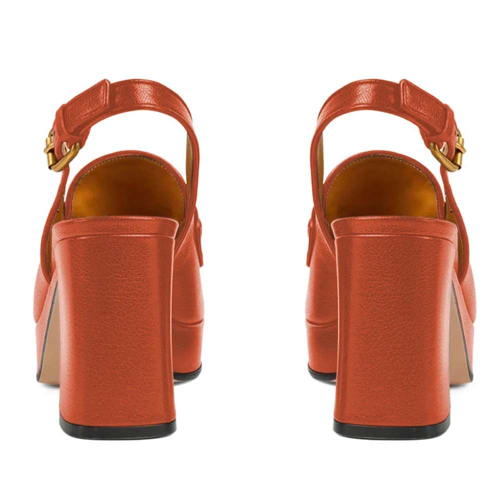 Orange Chain Decor Chunky Heel Platform Slingback Loafer Shoes Women