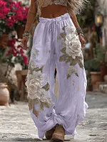 Women's Vintage Romantic White Rose Embroidery Art Comfy Linen Pants - Image 6