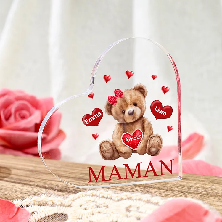 À ma Maman/Mamie - Plaque Acrylique Ours en Forme de Cœur 2 Prénoms Personnalisés avec 1 Texte Jessemade FR