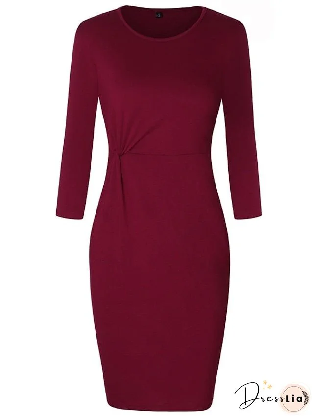 Bodycon Sheath Dress Church Dress Knee Length Dress Wine Dark Blue Long Sleeve Pure Color Ruched Fall Winter Crew Neck Stylish Winter Dress Fall Dress Slim S M L XL XXL 3XL 4XL 5XL for Women