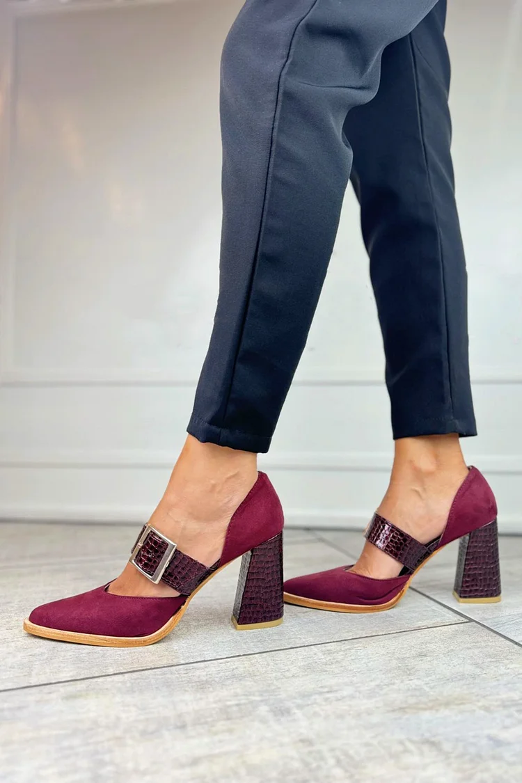Crocodile Print Strap Buckle Pointed Toe Burgundy Chunky Heels [Pre Order]