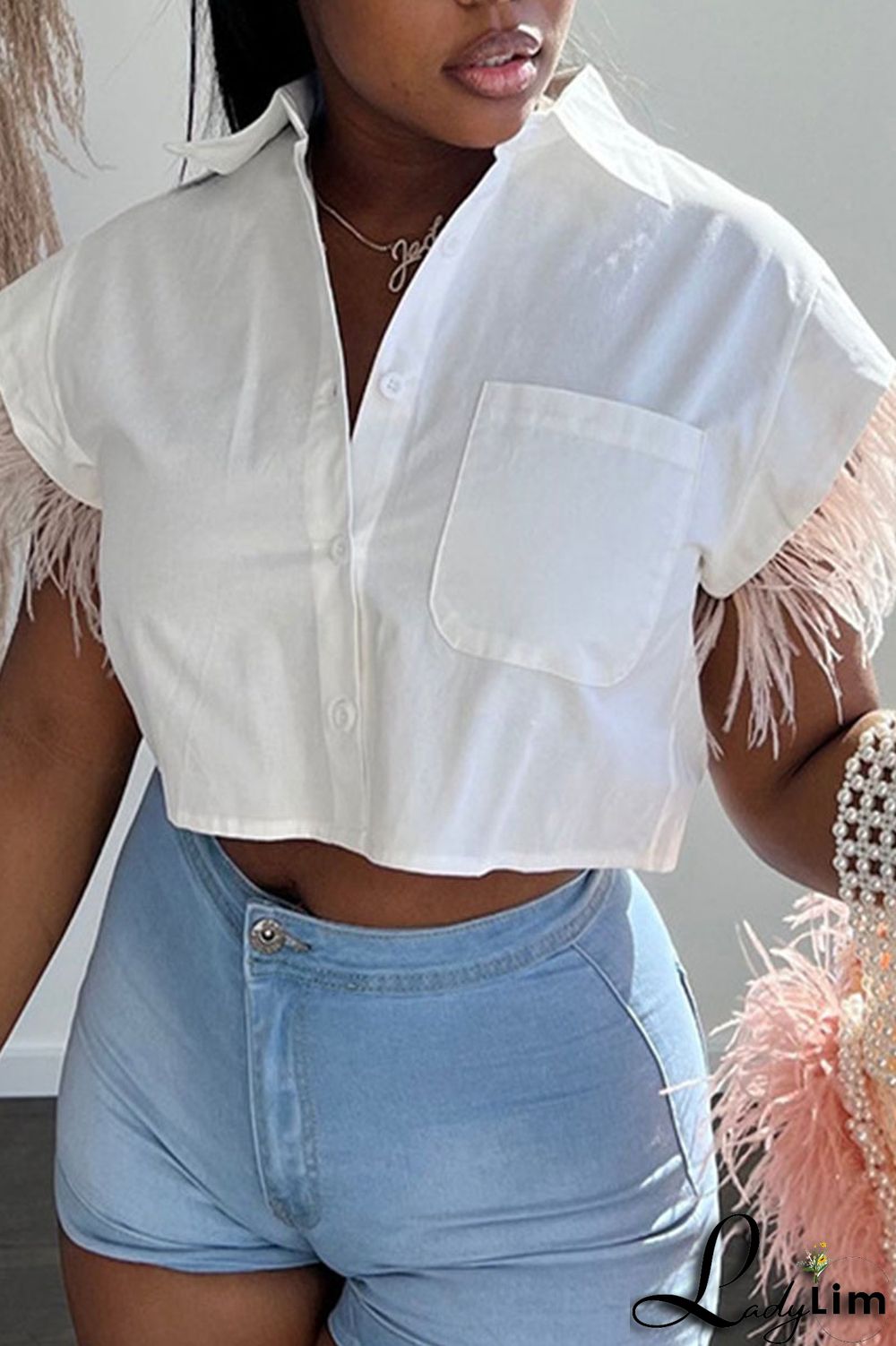 Green Casual Solid Patchwork Buckle Feathers Turndown Collar Tops