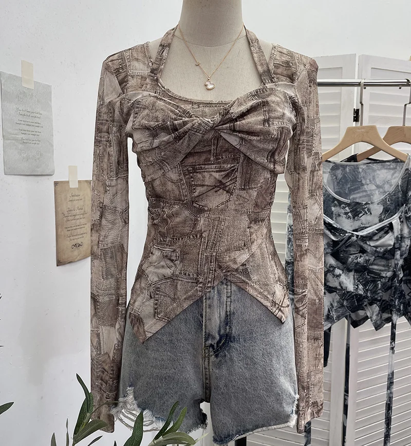 Nigikala Nigikala Special To The Net Yarn Design Sense Hanging Neck Top Cross Folded Repair Short T-Shirt 1178