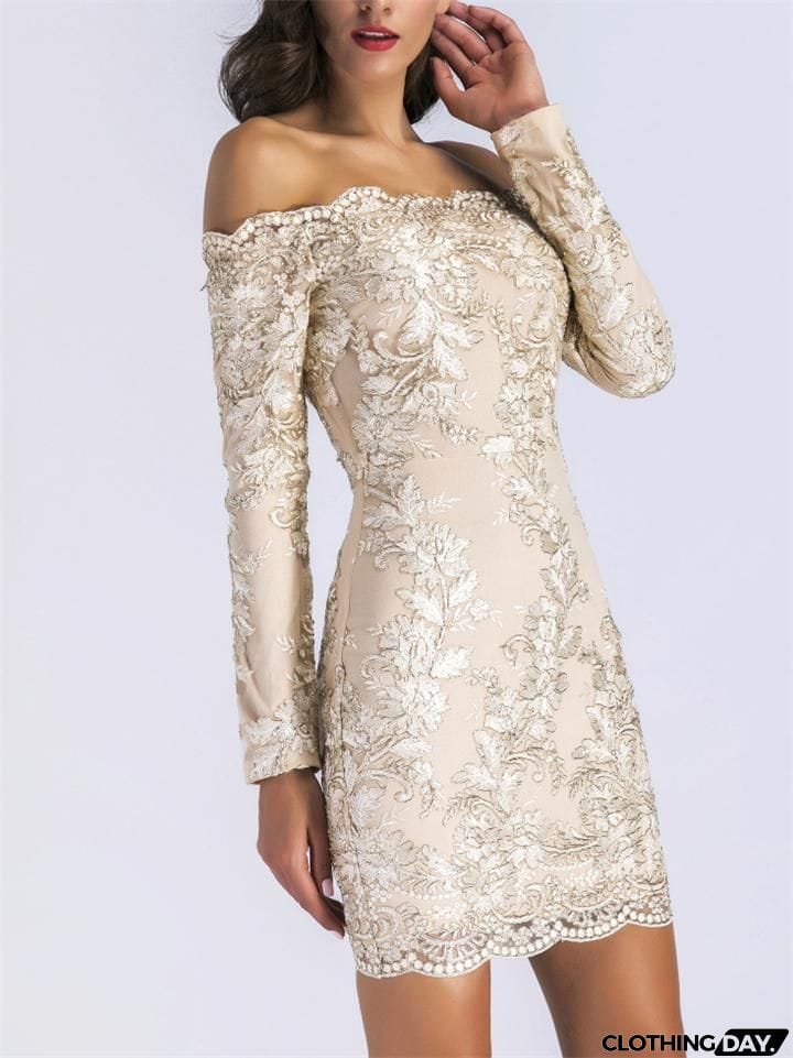 Gorgeous Off Shoulder Long Sleeve Floral Applique Thigh-Length Bodycon Party Dress