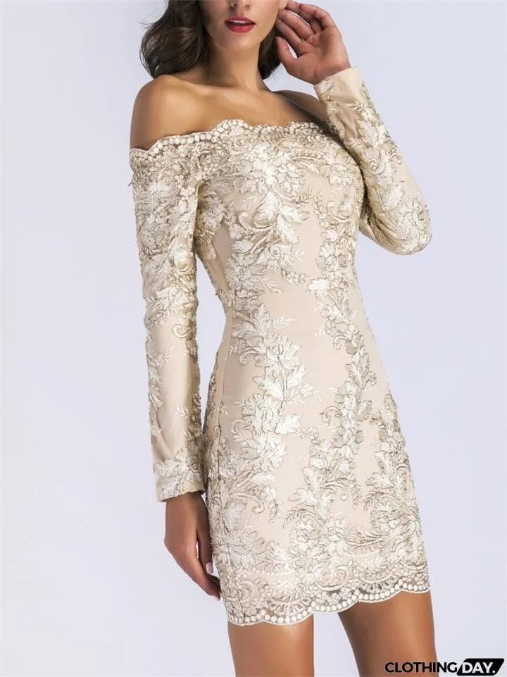 Gorgeous Off Shoulder Long Sleeve Floral Applique Thigh-Length Bodycon Party Dress