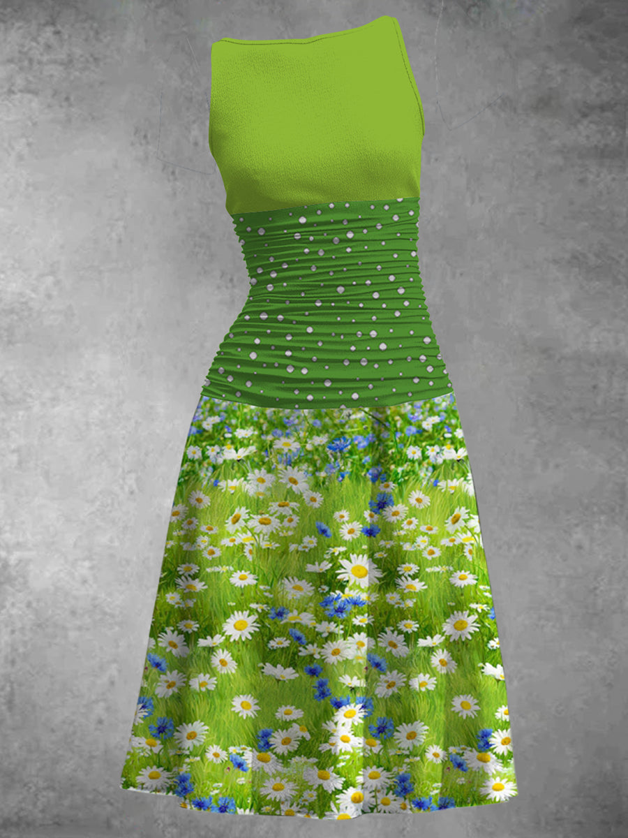 Little Daisy Printed Elegant Vintage Chic Sleeveless Tank Top Midi Dress