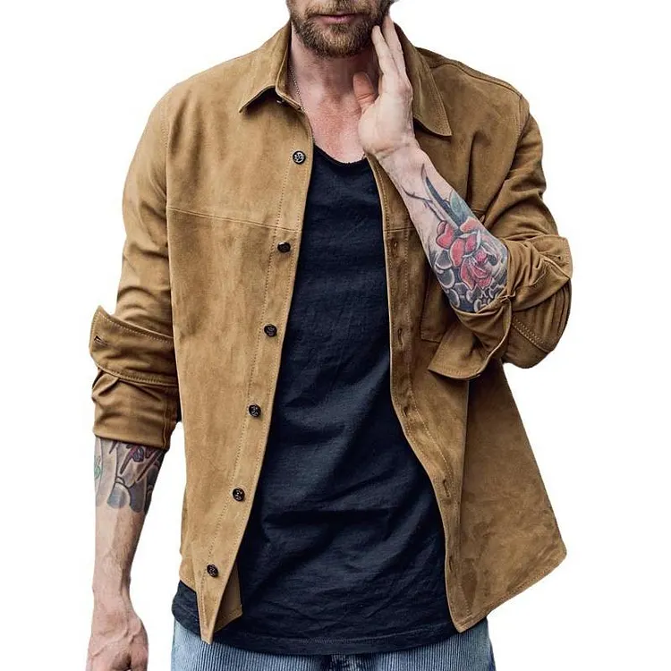 Men's Vintage Suede Lapel Loose Long Sleeve Shirt