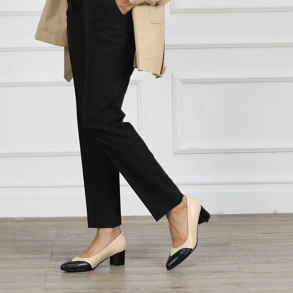 Black & Beige Vegan Leather Pointed Toe Business Block Heel Pumps