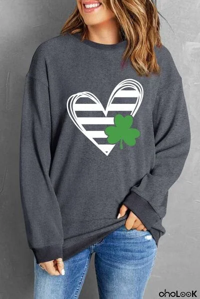 Heart Lucky Clover Round Neck Dropped Shoulder Sweatshirt