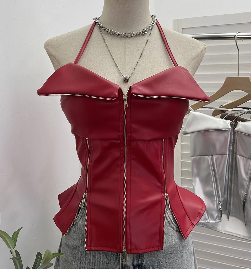 Nigikala Nigikala Shoot Hottie Hanging Neck Zipper Open Fork Sling Vest Pu Skin Bra Repair Short Sleeveless Top 8112