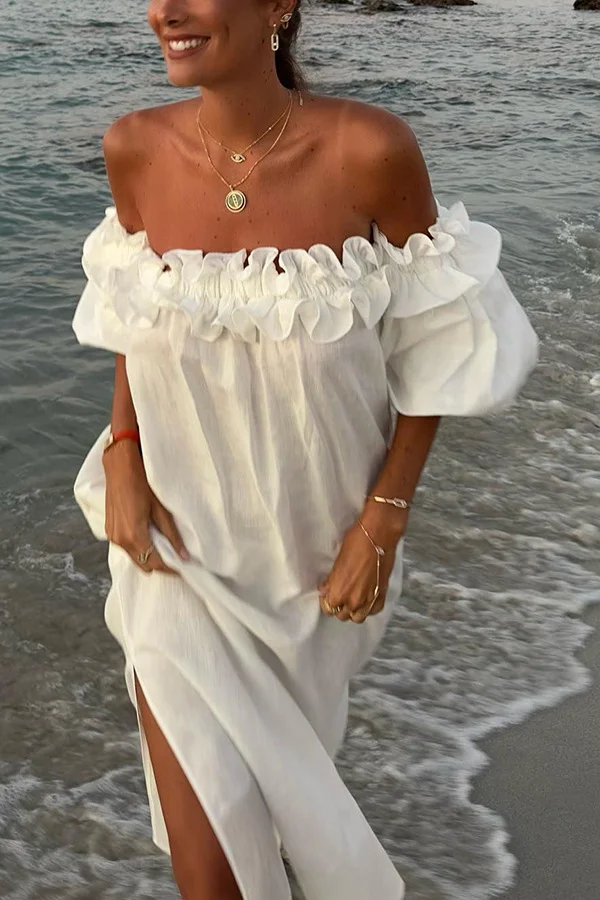 Summer Linen Blend Off Shoulder Ruffle Puff Sleeve Pocketed Midi Dress