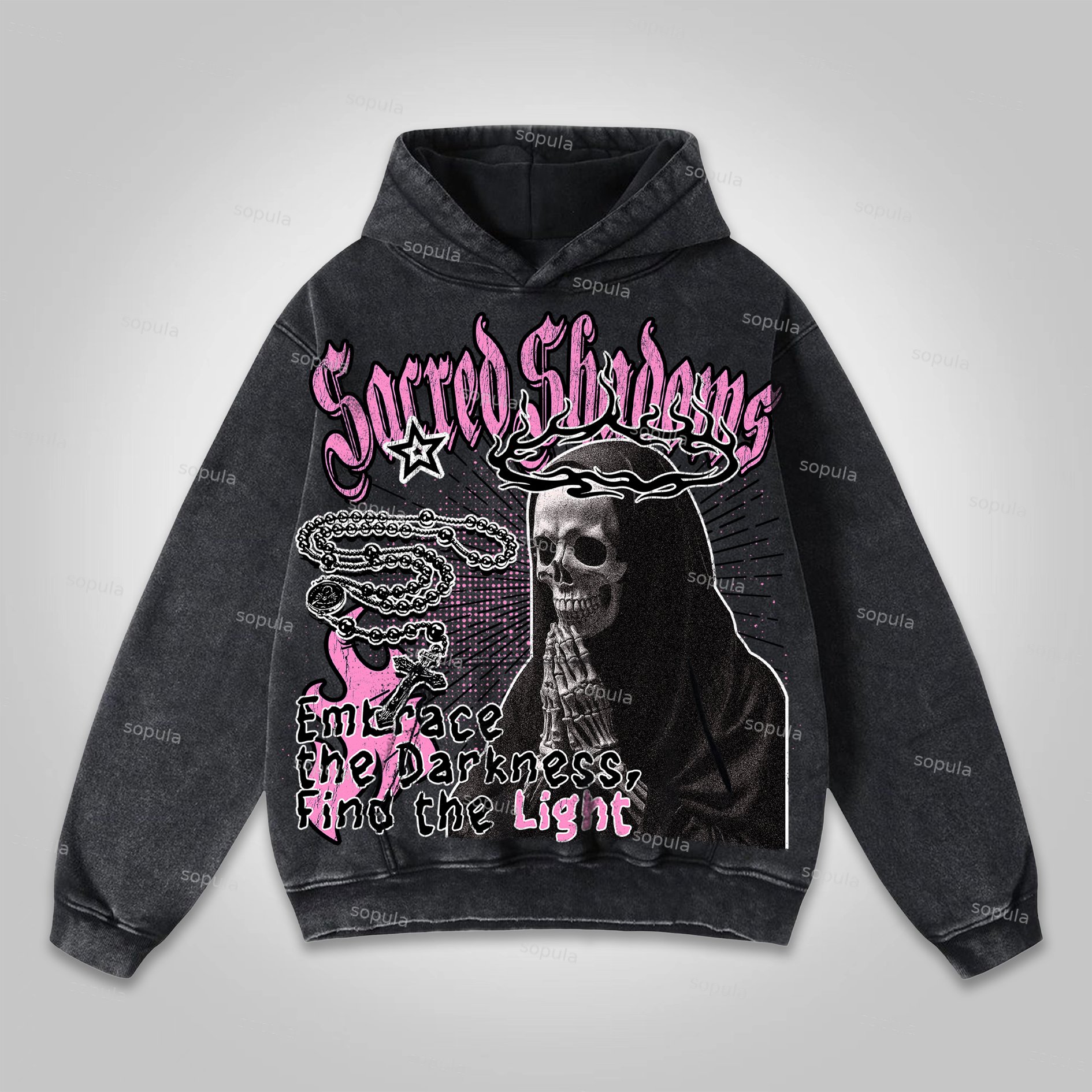 Sopula Prayer Skeleton Nuns Vintage Graphic Washed Hoodie - SOPULA