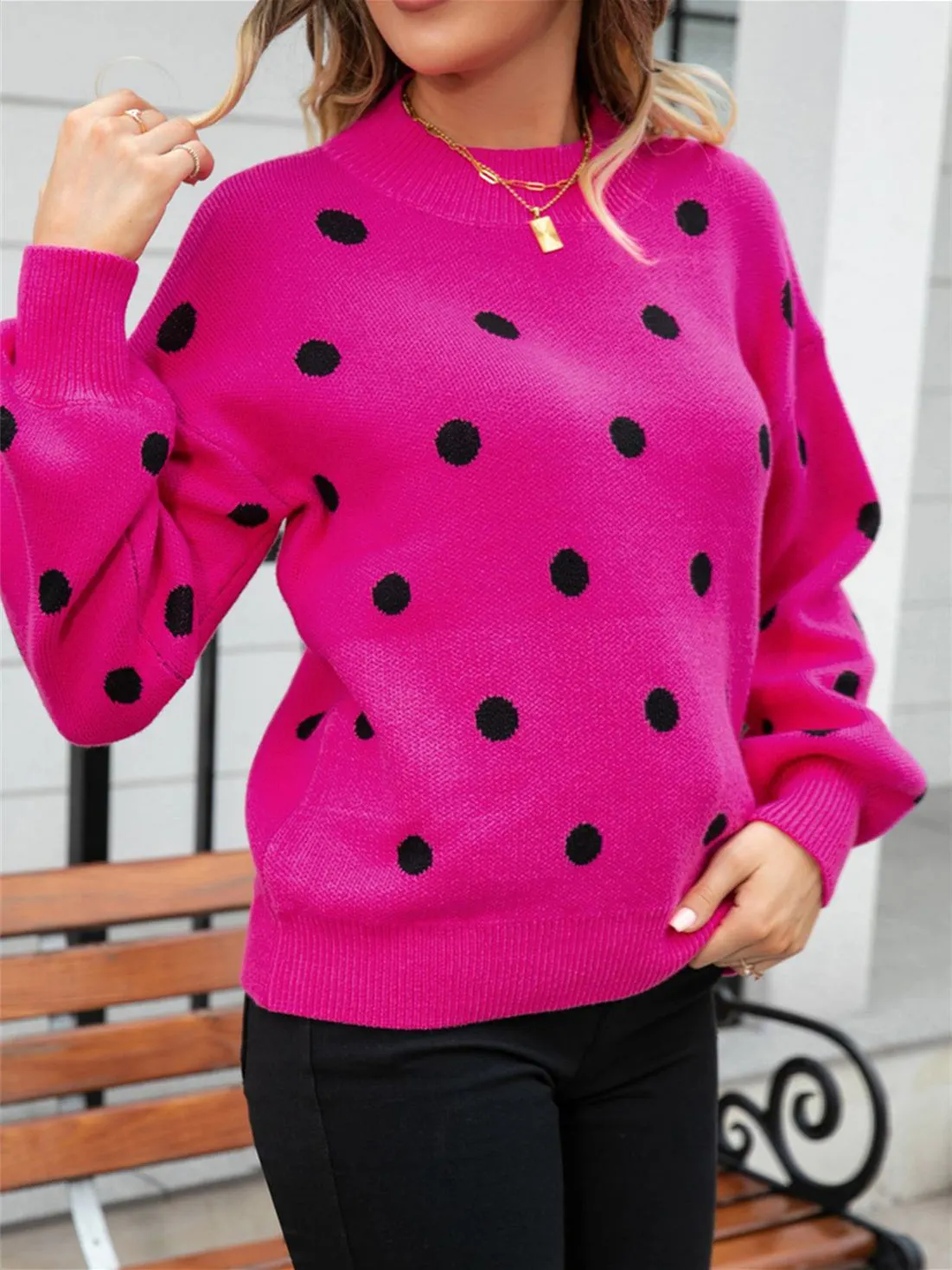 Women's Polka Dot Stitching Solid Color Long Sleeve Scoop Neck Top