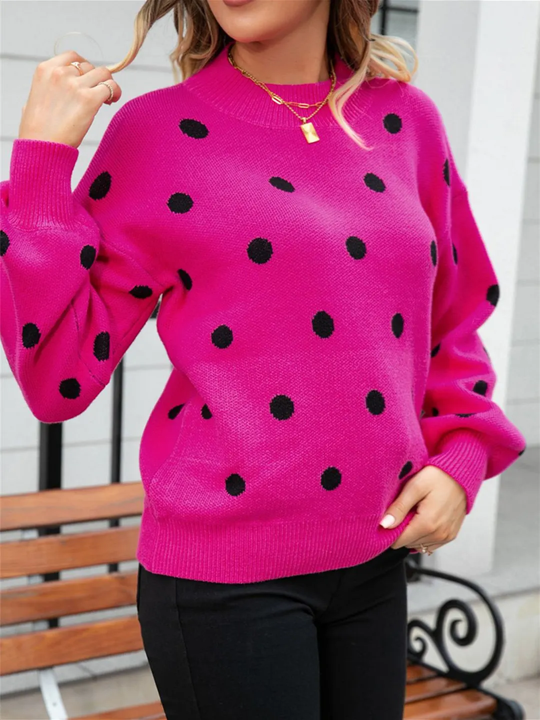 Women's Polka Dot Stitching Solid Color Long Sleeve Scoop Neck Top
