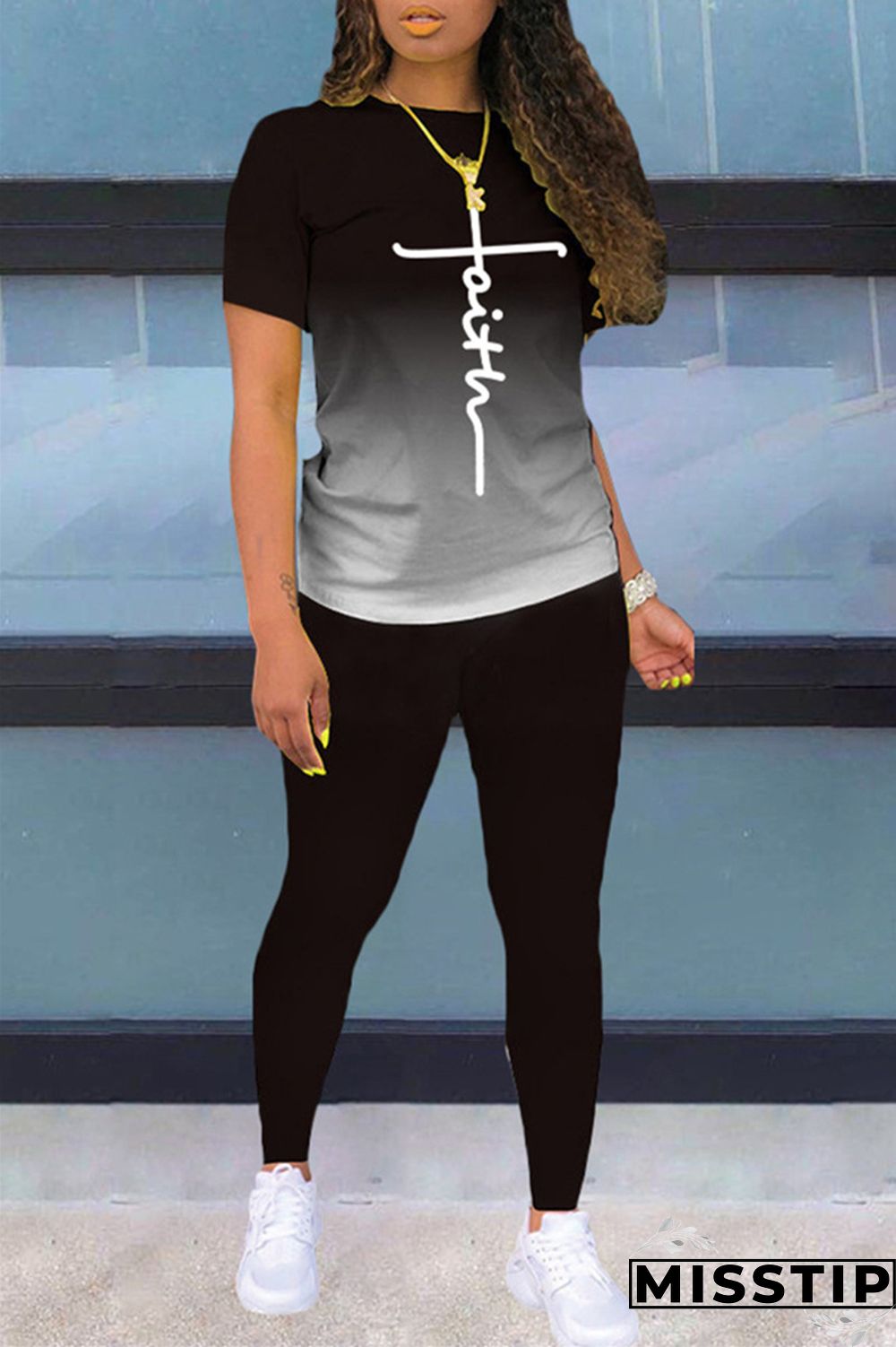 Black Fashion Casual Gradual Change Print Basic O Neck Short Sleeve Two Pieces