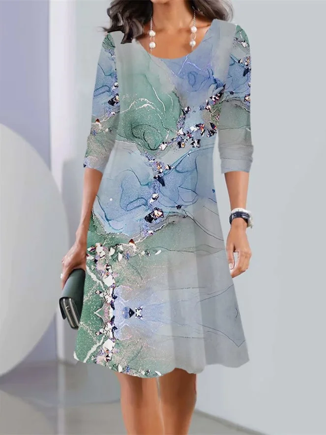 Women's Floral Printed  Graphic Stitching Scoop Neck Long Sleeve Midi Dress