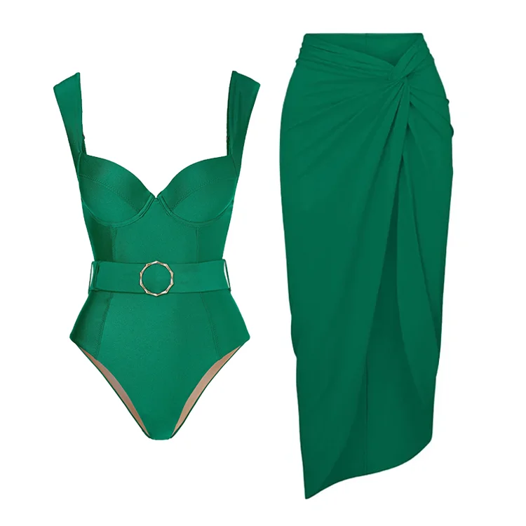 Vintage Green Belt One Piece Swimsuit and Sarong Flaxmaker
