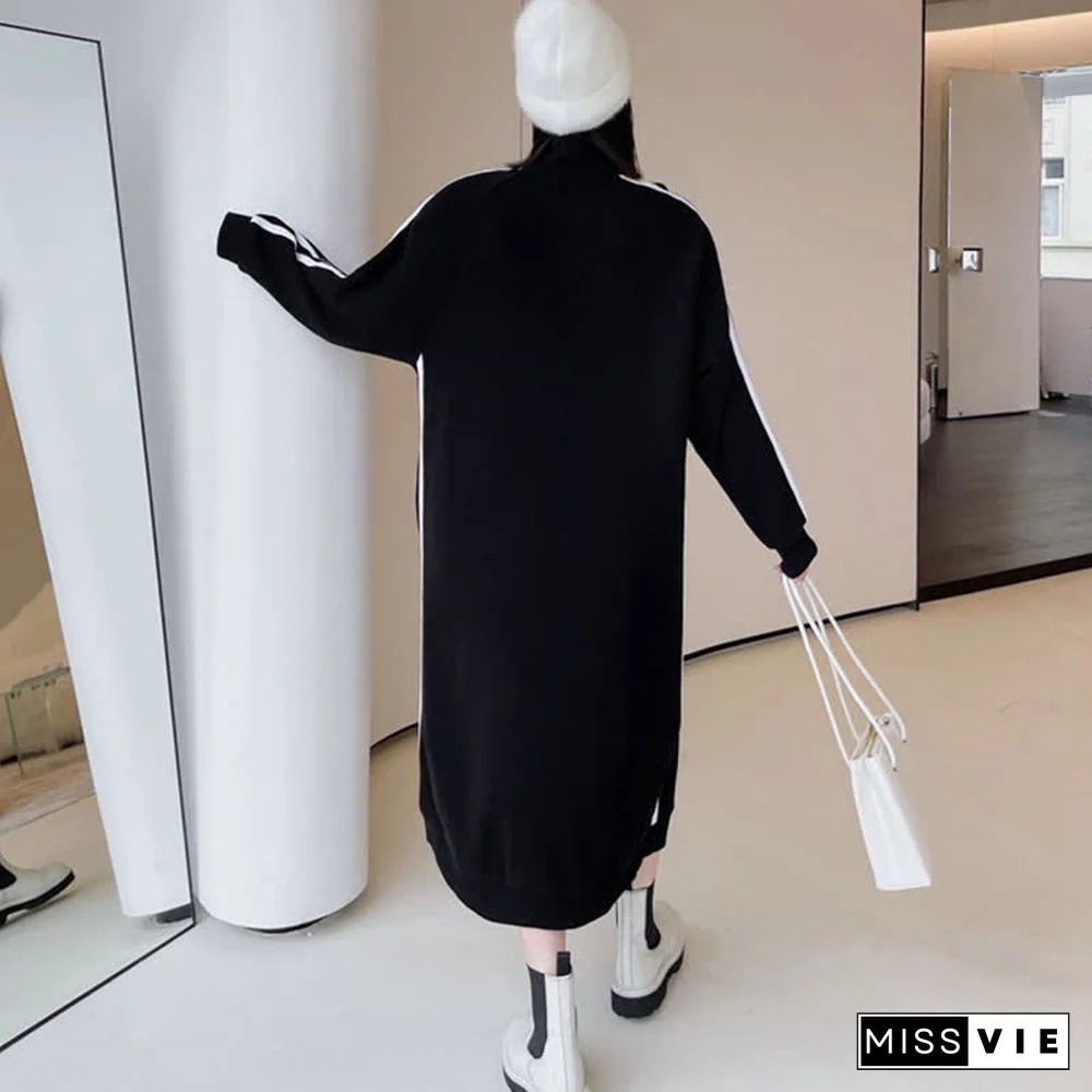 Plus Size Stripe Zipper Long Sleeve Loose Dress