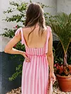 Lace-Up Plain Striped Condole Belt Maxi Dress