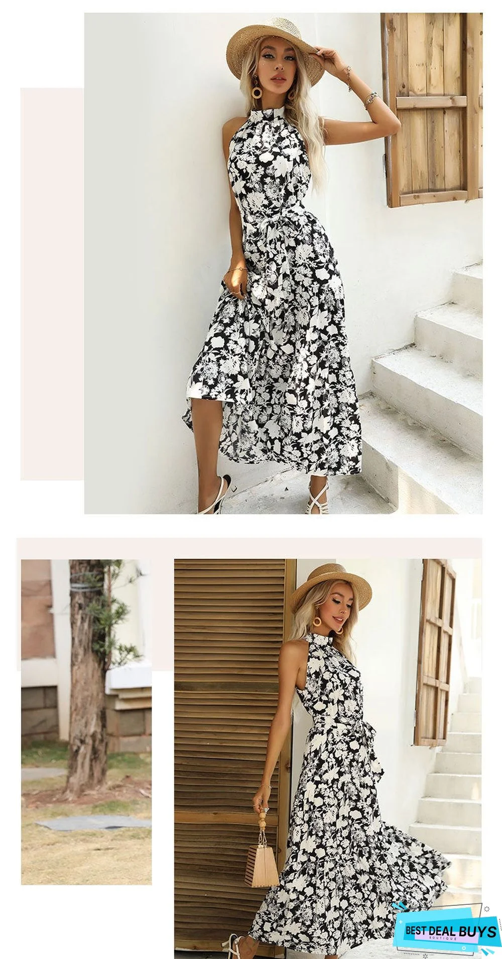 Summer New European and American Printed Open Neck Dress with Suspender