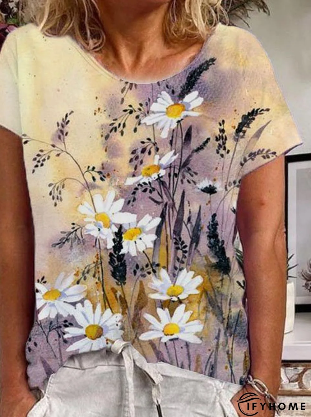 Vintage Cotton-Blend Floral-Print Short Sleeve T-shirt | IFYHOME