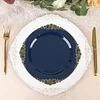 10 Pack | 10" Round Plastic Dinner Plates in Vintage Navy Blue, Gold Leaf Embossed Baroque Disposable Plates