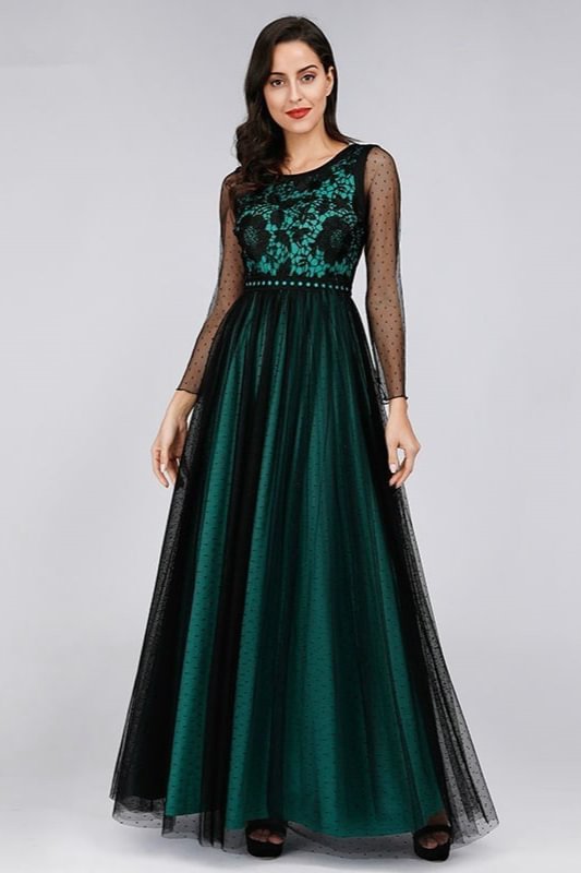 Green Long Sleeve Sheer Tulle Lace Evening Prom Dress Online - lulusllly