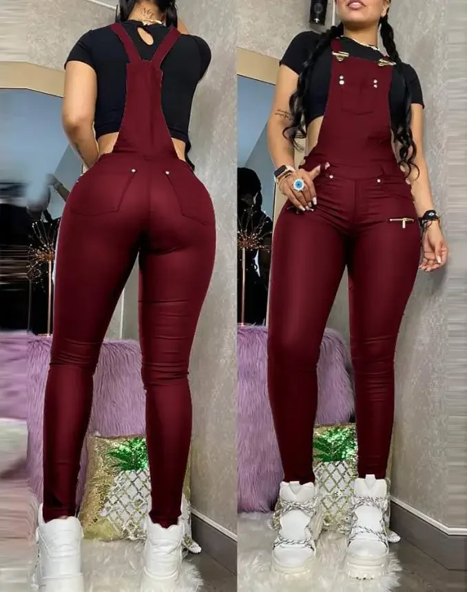 Versusstols New Jumpsuit Women Buckled Zipper Design Sexy Shoulder Strap Pocket High Waist Slim Fitting Suspender Jumpsuit Streetwear