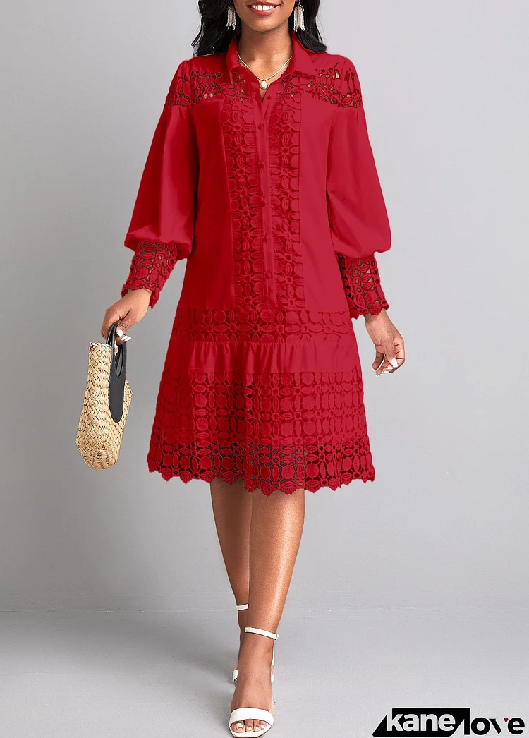 Wine Red Lace Long Sleeve Shirt Collar Shift Dress