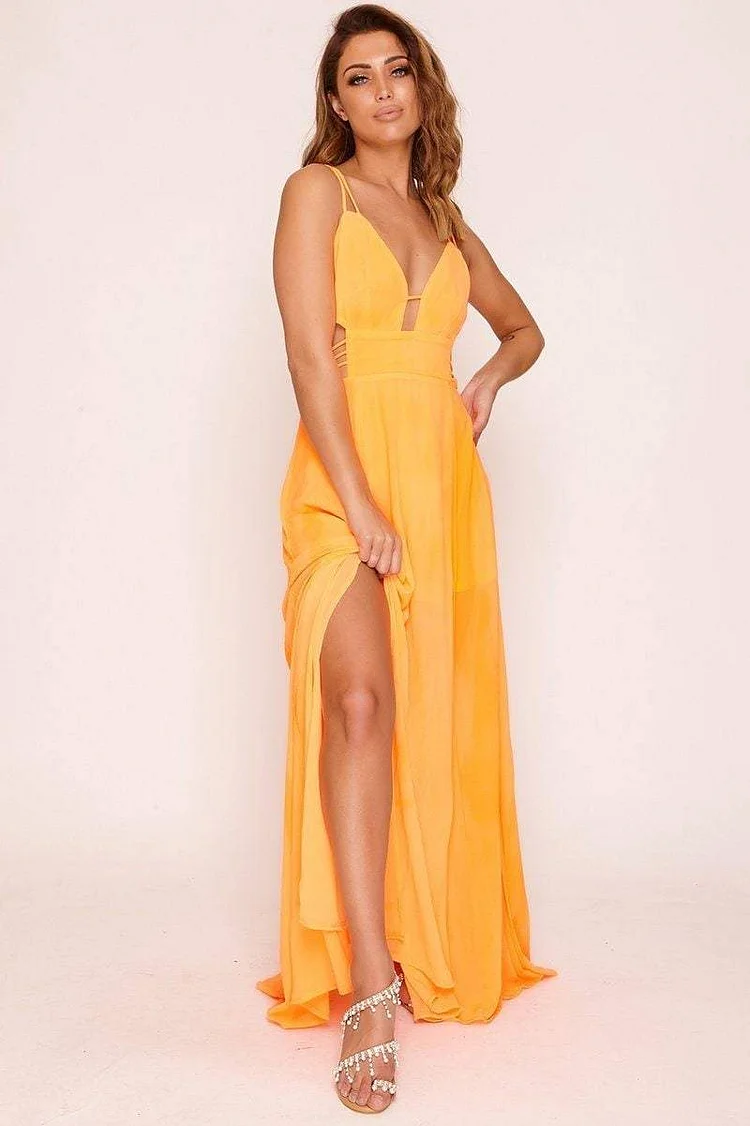 Neon Orange Sheer Cut Out Maxi Dress Katch Me