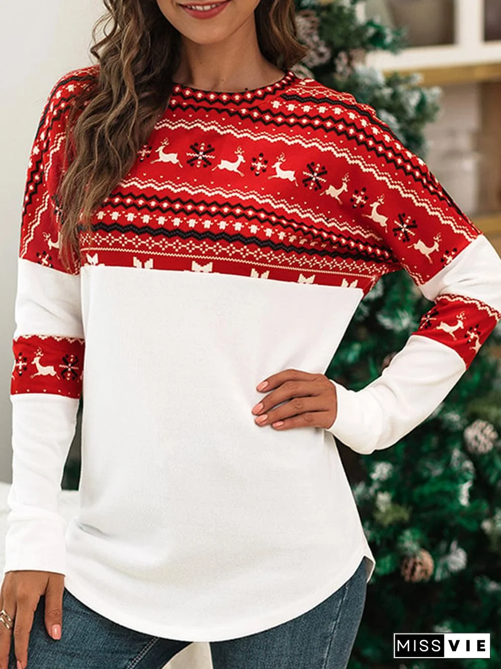 Women's Christmas Elk Print Contrast Loose Sweatshirt