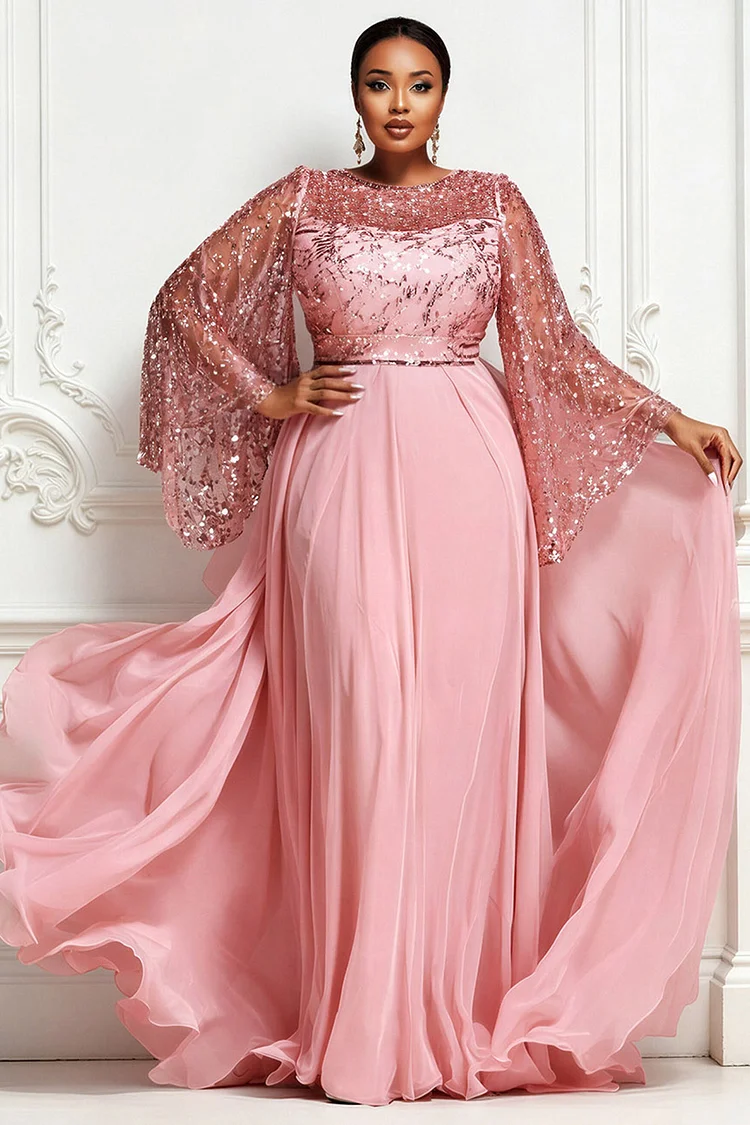 Xpluswear Design Plus Size Formal Elegant Pink Round Neck Flare 3/4 Sleeve Contrast See Through Chiffon Sequin Maxi Dresses [Pre-Order] 2024 - Xpluswear