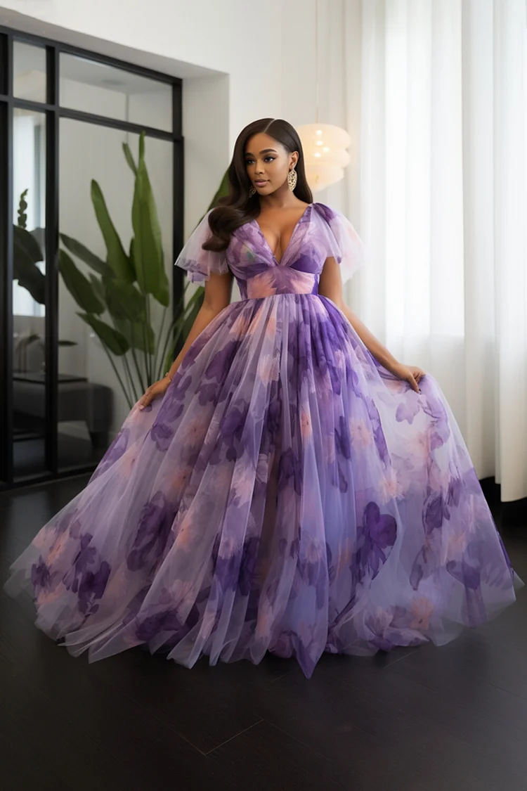 Xpluswear Design Plus Size Wedding Guest Purple Floral V Neck Short Sleeve Tulle Maxi Dresses