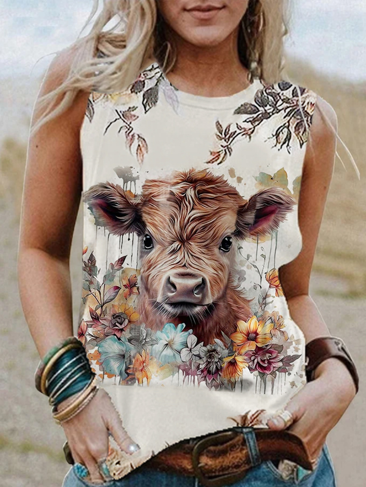  Western Cow & Floral Print Tank Top Westsshops