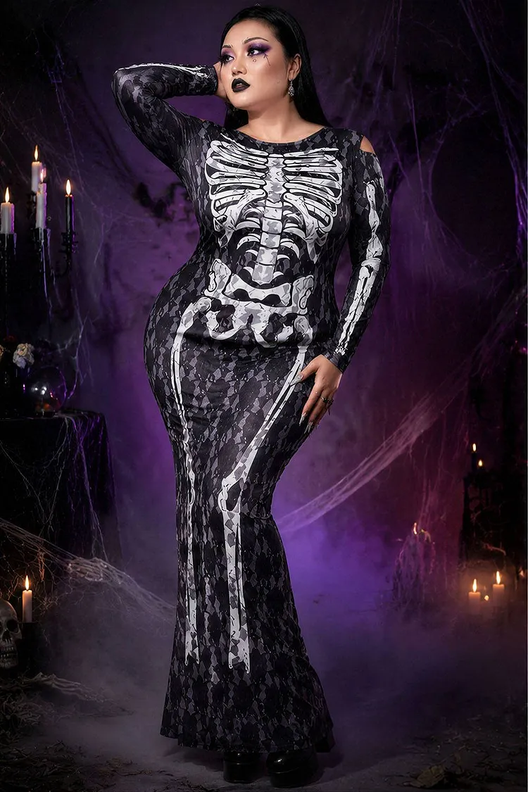 Xpluswear Design Plus Size Halloween Costume Black Skeleton Print Long Sleeve Knitted Maxi Dress（Ships 24h） 2024 - Xpluswear