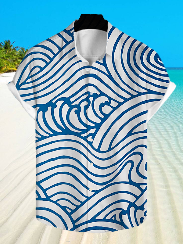 Men's Retro Japanese Style Ocean Wave Line Art   Print Shirt