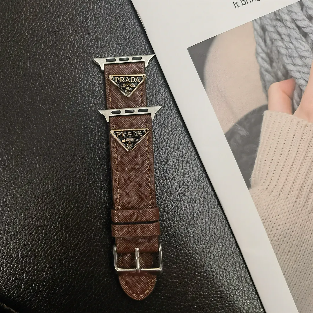 Prada Classic Double Triangle Monogram Label Leather Apple Watch Band