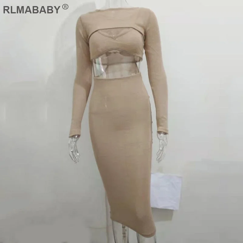 Knitted Sweater 2 Piece Set Suit Women Sexy Bacless Long Sleeve Maxi Bodycon Dress And Spaghetti Strap Cropped Top Outfits Set