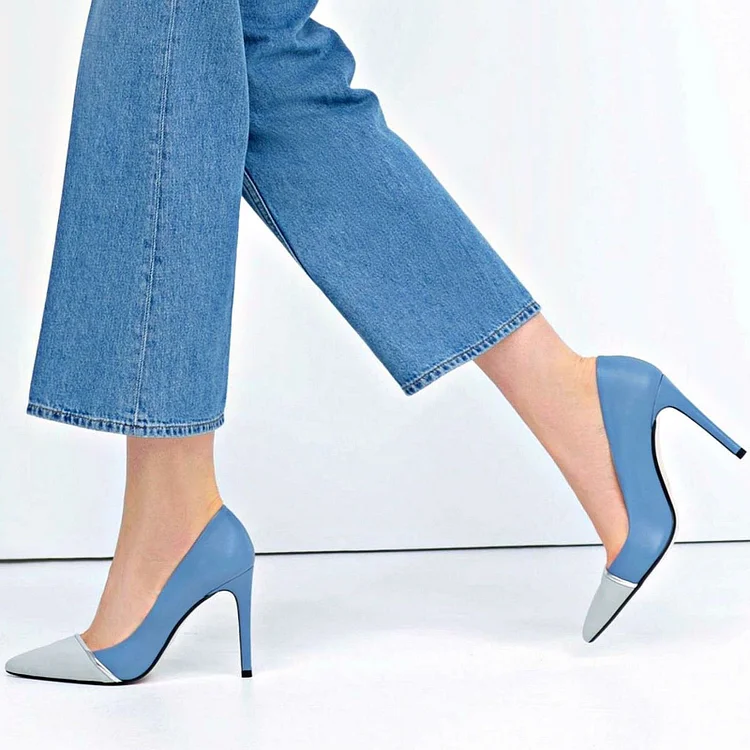 Blue and Off White Two-tone Pointed Toe Pumps Heels |FSJ Shoes