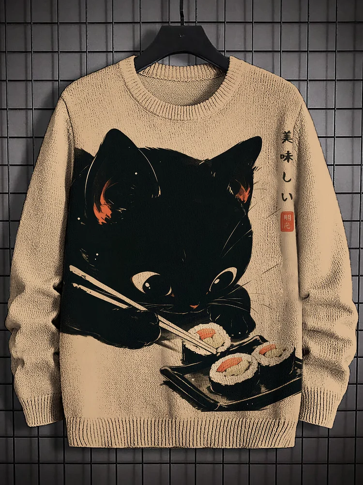 Men's Japanese Black Cat Eating Sushi Print Knit Sweatshirt