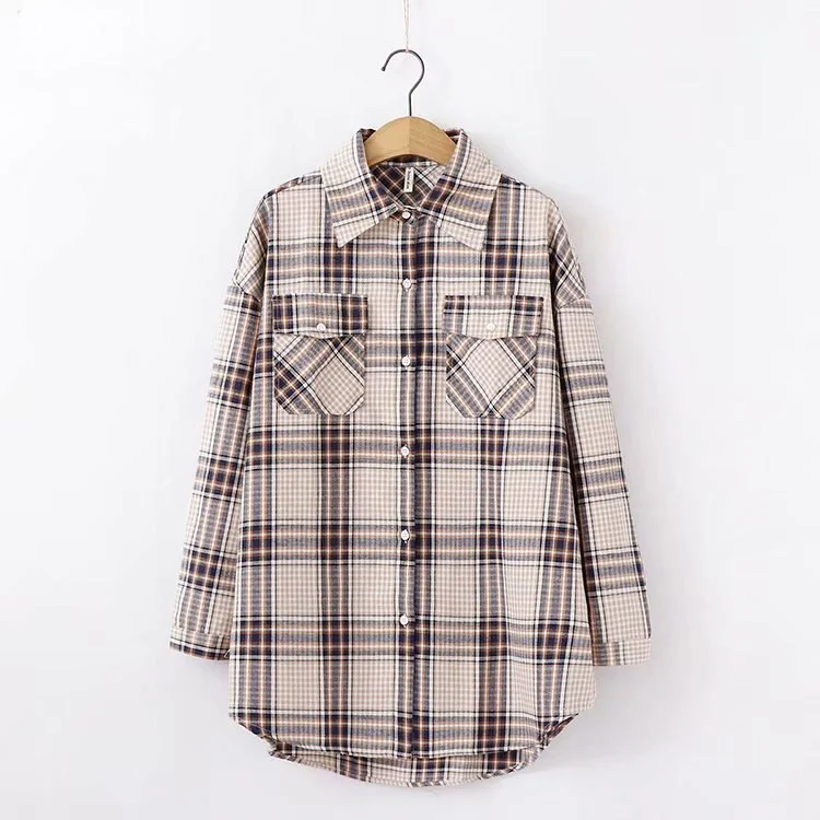 Plaid Shirts Woman 2020 Autumn Womens Blouses And Tops Long Sleeve Two Pockets Checked Loose Retro Outwear