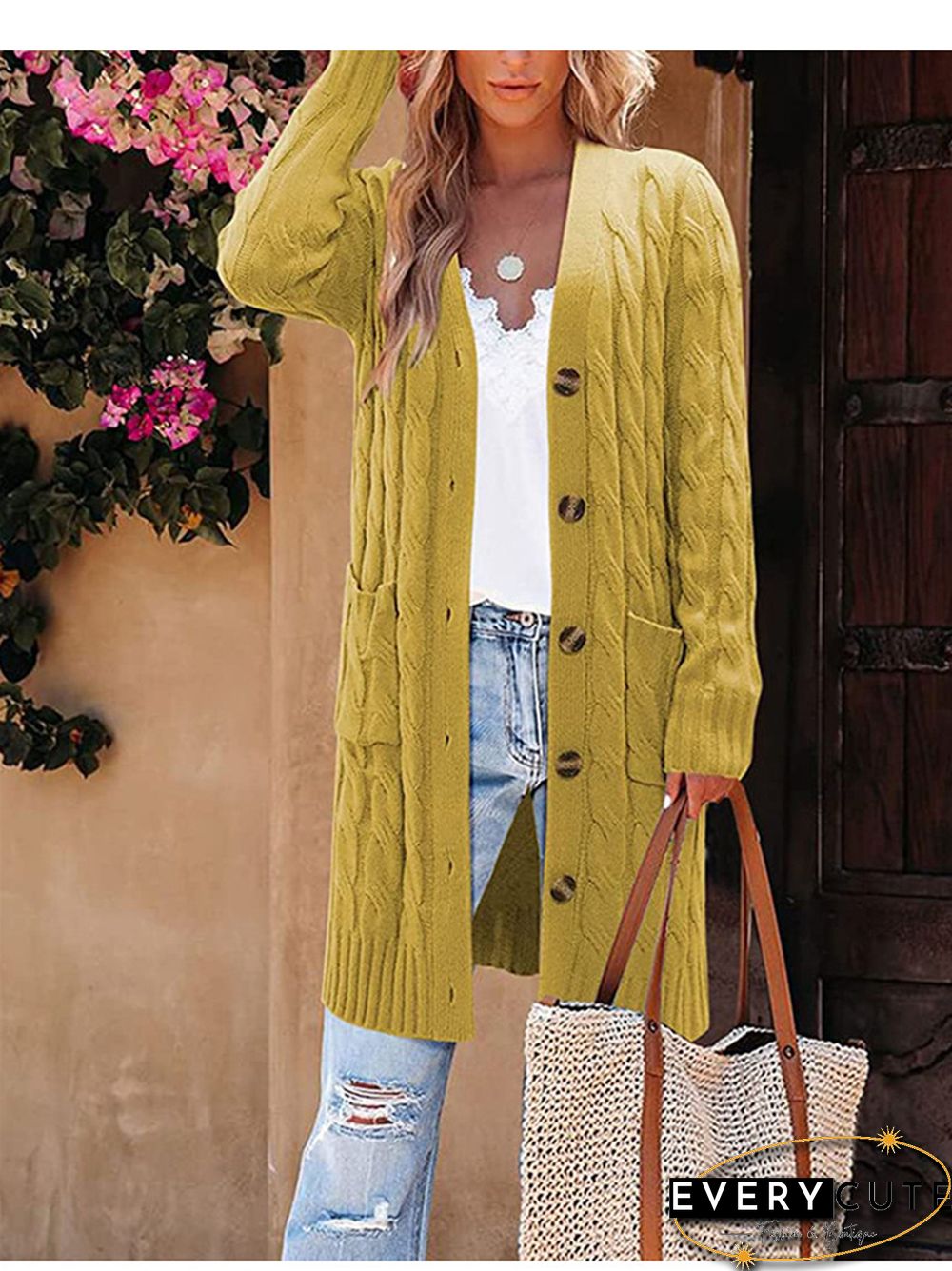 V-neck Single Breasted Pocket Solid Color Knitted Long Sweater