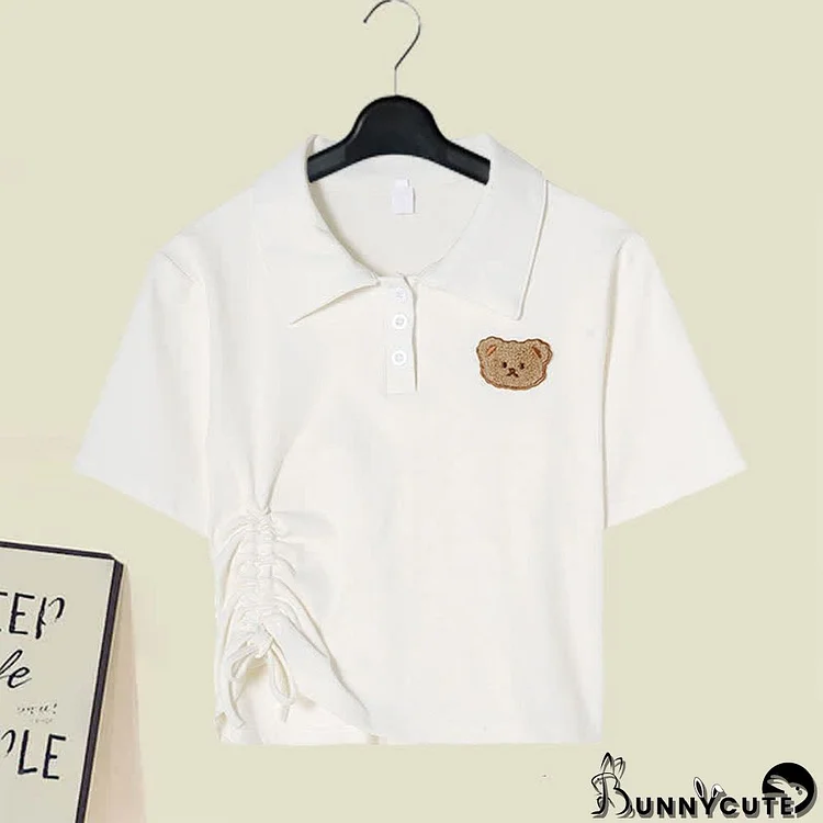 Bear Embroidery Draw String Polo T-Shirt Casual Pants