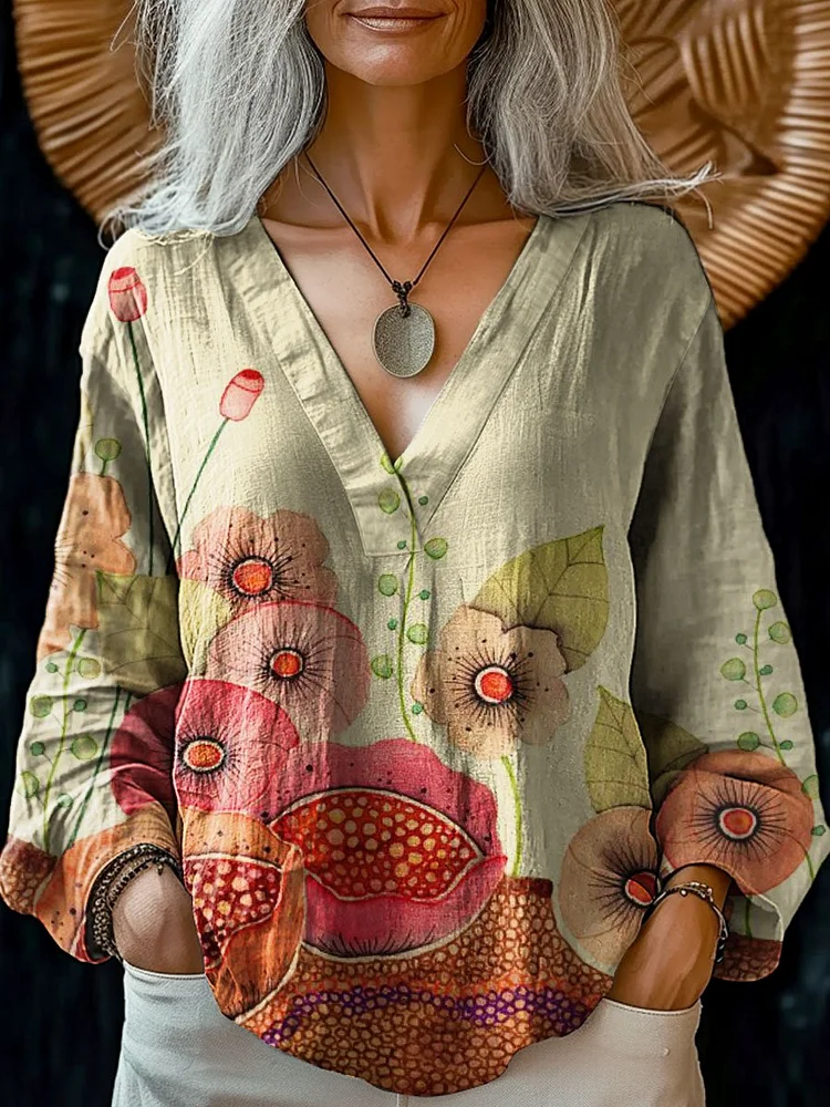 Women's Vintage Flower Art Print Casual Cotton And Linen V-neck Shirt